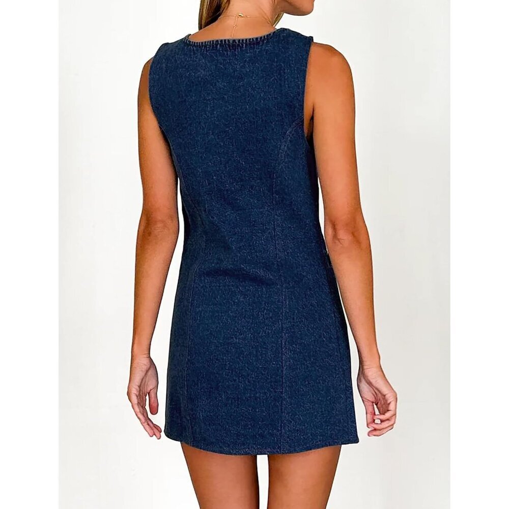 Women's Sleeveless Denim Dress Medium Casual Summer Mini with Pockets - Picture 2 of 4